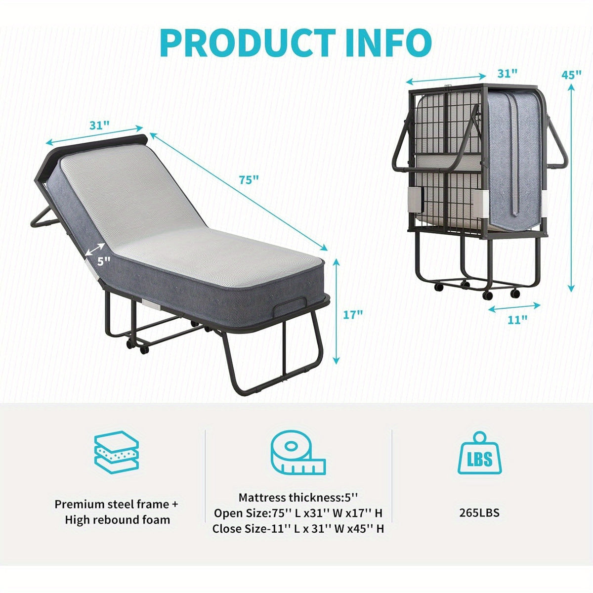 38In/31In Folding Bed with Foam Mattress Rollaway Bed, Space-Saving Guest Bed with Headboard, Portable Foldable Extra Bed for Adults with Sturdy Metal Frame