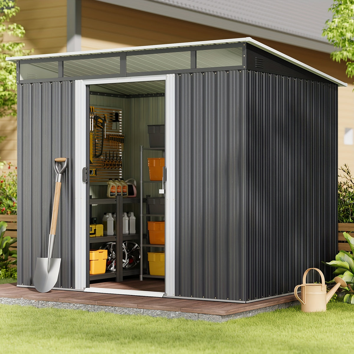 Metal Storage Shed with Lockable Sliding Doors and Transparent Windows for Outdoor Tools and Bikes, 6x4 FT or 8x6 FT