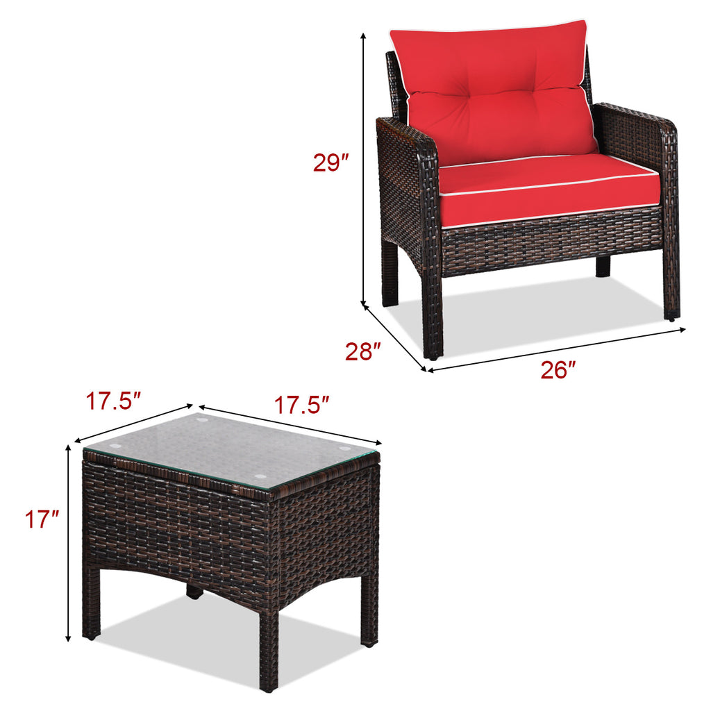 Patio Conversation Set by COSTWAY with Two Cushioned PE Rattan Chairs and Tempered Glass Side Table