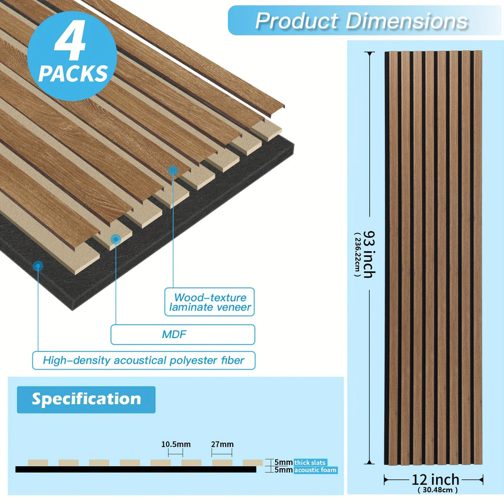 4-Sheet 93" X 12" Textured Wood-Look 3D Wall And Ceiling Tiles Noise Insulating MDF Grille Design, 31 Sq.Ft Coverage with Screws X56