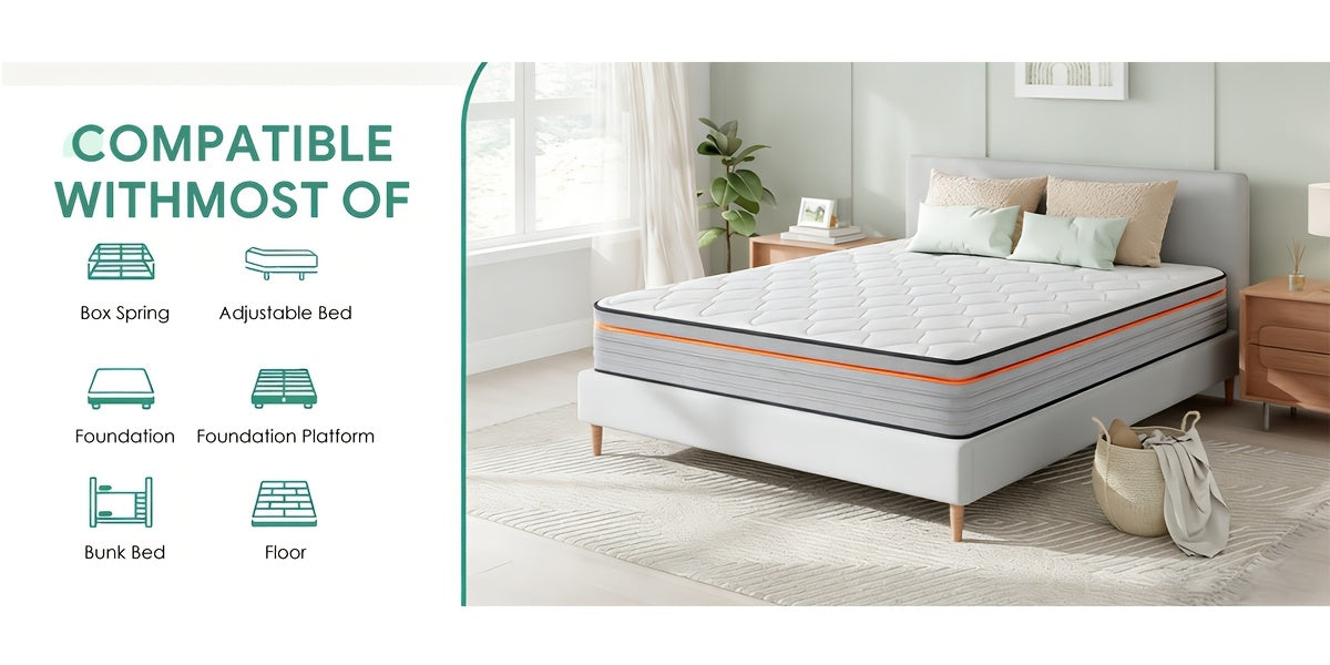 10/12 Inch Full Queen Size Memory Foam Mattress | Ergonomically Designed, Medium Firm Hybrid Mattress Featuring Pocket Springs, Grey Quilted Cover, Fire-Resistant
