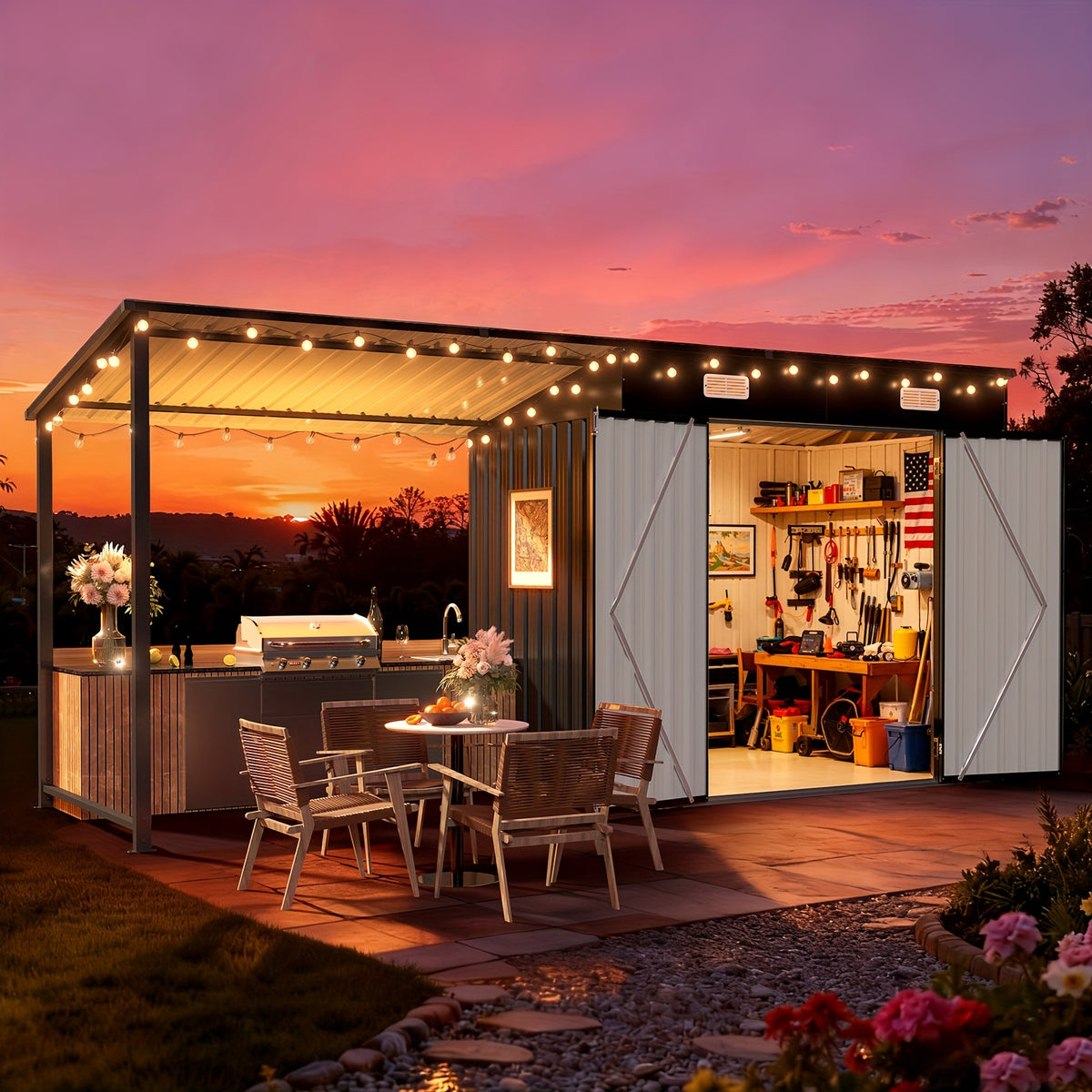 6x4/5x3/8x6ft Outdoor Storage Shed & Hardtop Gazebo Combo, 2-in-1 Outdoor Combo, Metal Lean to Shed with Open-Sided Pergola, Durable Garden Tool Shed for Patio, Backyard, Deck..