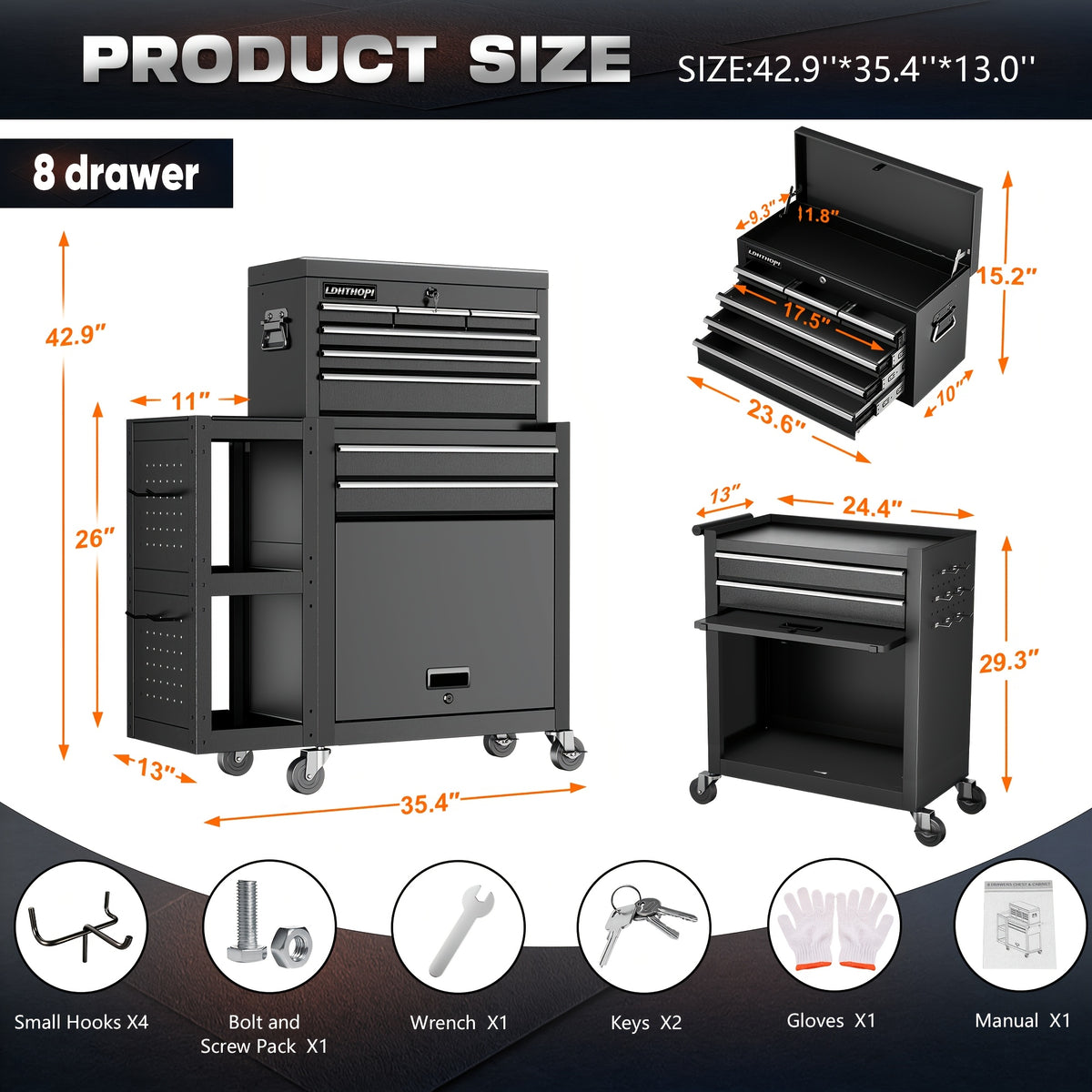 5/8-Drawer Rolling Tool Storage Cabinet with Side Cabinet, Metal Rolling Tool Chest with Wheels And Drawers, Detachable Top Tool Box, High Capacity Tool Storage Cabinet for Workshop Mechanics Garage, for Studios, Garages, Workshops