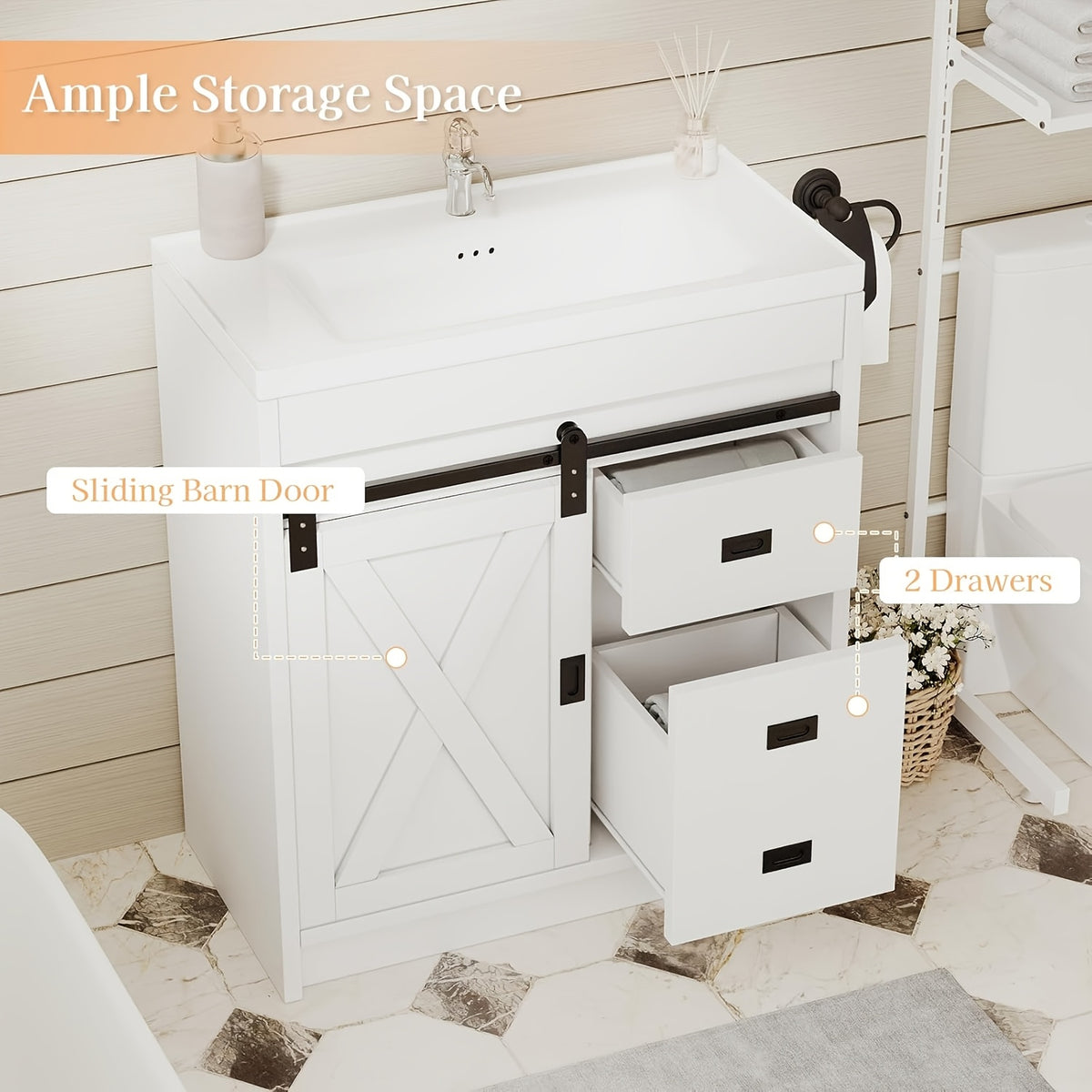 [Farmhouse Vanity With Sink] 31-Inch Farmhouse Style Bathroom Vanity With Ceramic Sink, Wall-Mounted Bathroom Sink Cabinet, With 2 Drawers And Sliding Barn Door, Modern Bathroom Vanity, With Metal Handles, Brown/Gray/Gray-White/White