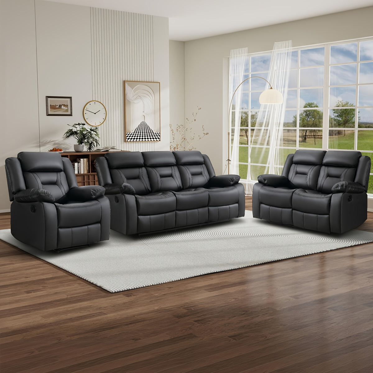 Faux Leather Manual Recliner Set: 3-Seat Sofa, Loveseat, Recliner Chair for Living Room And Meeting Room