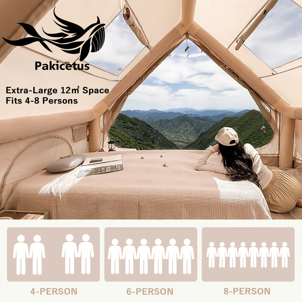 Pakicetus 2-4-6-8 Person Summer Camping Inflatable Tent, Quick Air Circulation with Breathable Mesh Design, Weather-Resistant Oxford Cloth Material Four-Season Camping Cabin, Spacious Full Mesh Windows and Door, Easy Setup with Manual Pump