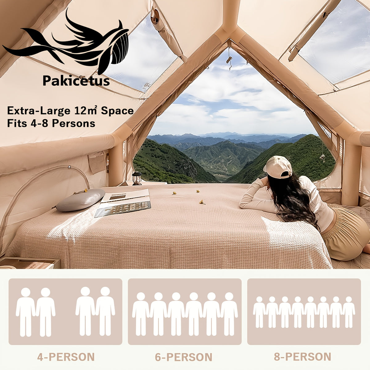 Pakicetus 2-4-6-8 Person Summer Camping Inflatable Tent, Quick Air Circulation with Breathable Mesh Design, Weather-Resistant Oxford Cloth Material Four-Season Camping Cabin, Spacious Full Mesh Windows and Door, Easy Setup with Manual Pump