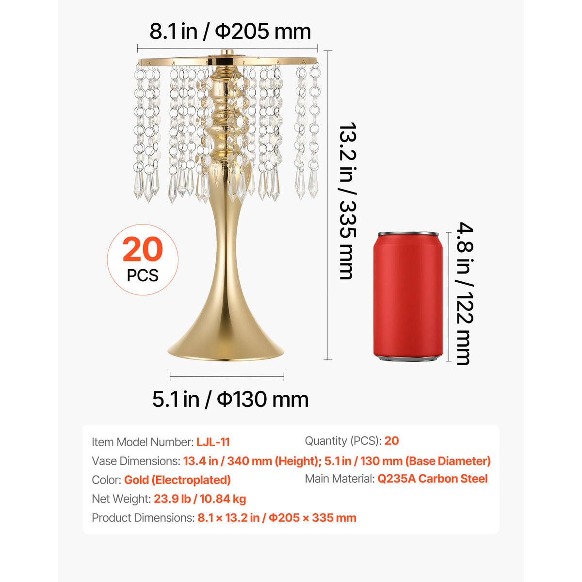 VEVOR 20 PCS Wedding Flower Vase, 13.4 in Tall Flower Table Centerpieces, Crystal Banquet Vases Easy Installation, Electroplated Finish, Versatile Arrangement Stand for Party Events Home Decor, Gold