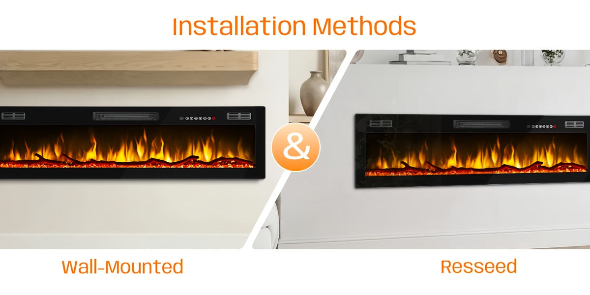 50/60/68/72 Inch Electric Fireplace, Recessed And Wall Mounted Fireplace, Fireplace Heater with Remote Control, Linear, Ultra-Thin Fireplace Heater with 12 Adjustable Flame Color, Log & Crystal Options, 750/1500W