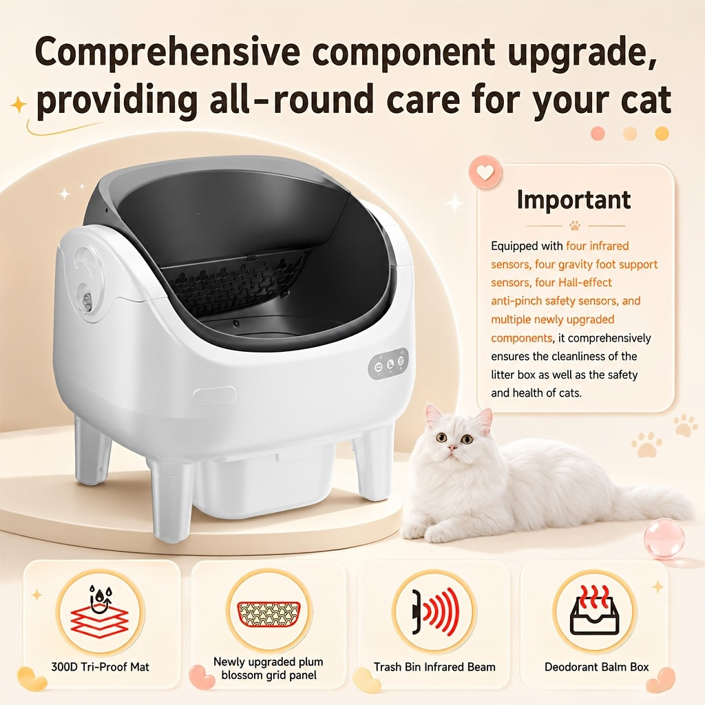 [Self-Cleaning Litter Box] Extra-Large Smart Self-Cleaning Litter Box with Built-In Sterilizing Light for Double Deodorization, Large-Capacity Waste Tray, 14-Day Automatic Cleaning, Open Design, Ideal Choice for Busy Households, Without Battery