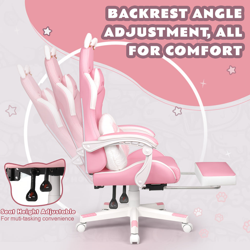 Adorable Pink Gaming Chair Featuring Cat Ears And a Paw-Shaped Lumbar Cushion, Designed Ergonomically For, Complete with a Footrest And Headrest, Providing a Cozy Reclining Experience for Both Adults And Teens