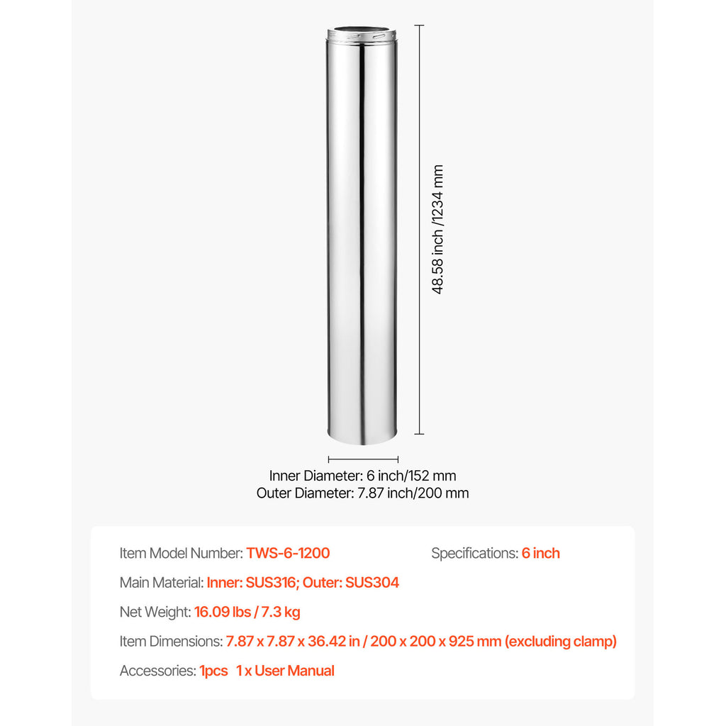 VEVOR 6 x 36/48 Inch Double Wall Insulated Chimney Pipe Stainless Steel Stove Pipe