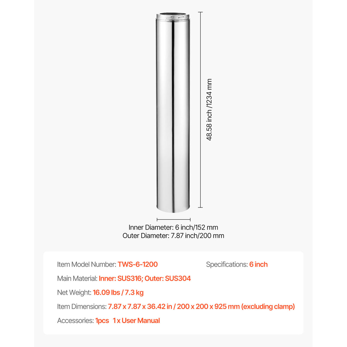 VEVOR 6 x 36/48 Inch Double Wall Insulated Chimney Pipe Stainless Steel Stove Pipe