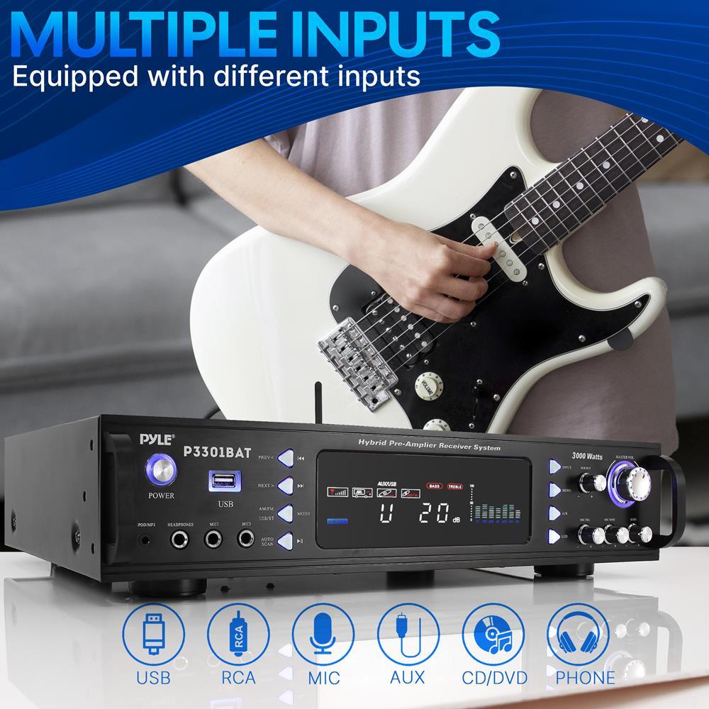 Stereo Amplifier Receiver with 3000W Peak Output, Bluetooth 5.0 and Dual Mic Inputs for Home Karaoke and Events