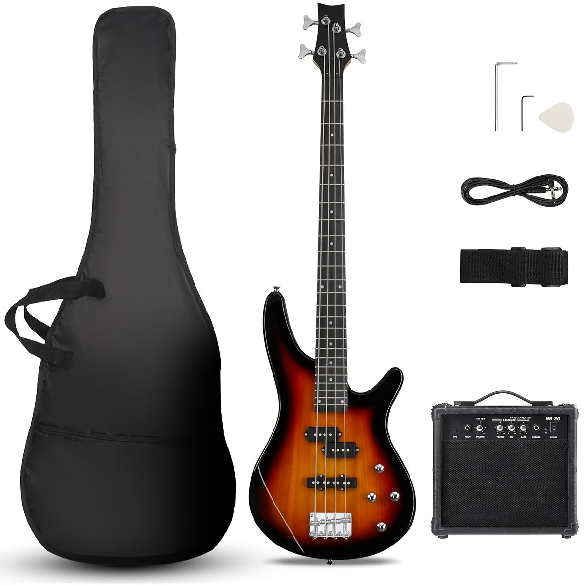 Electric Bass Guitar 4 String Bass Guitar with 20 Watt Amplifier, PJ Type Pickup, Naturally Air-dried Maple Neck, Rosewood Fretboard, Basswood Body