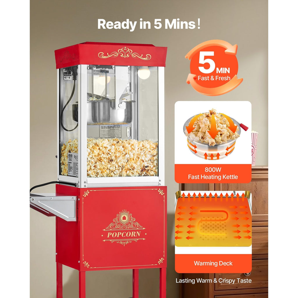 VEVOR Popcorn Machine with Cart Popcorn Popper Maker 800W 8oz Kettle 48 Cups Black/ Red/ White