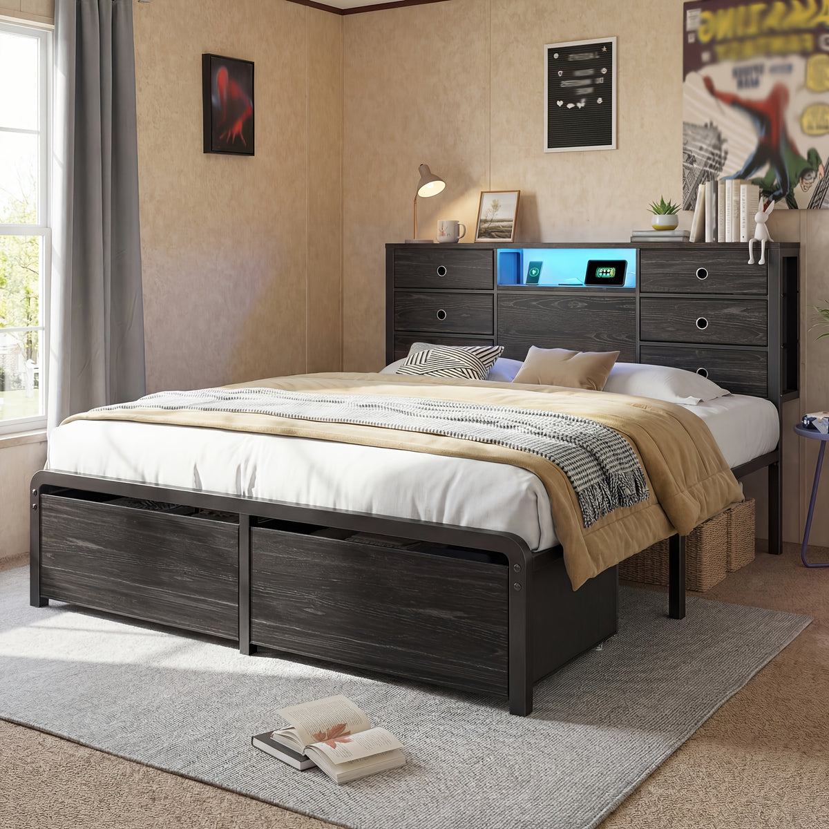 Reinforced Metal Storage Bed Frame King/Queen/Full, 8/9 Drawers & Headboard Storage, Multi-Color LED & Charging Station, Strong Load-Bearing, Noiseless, Easy Assembly, Black/Tiger Brown