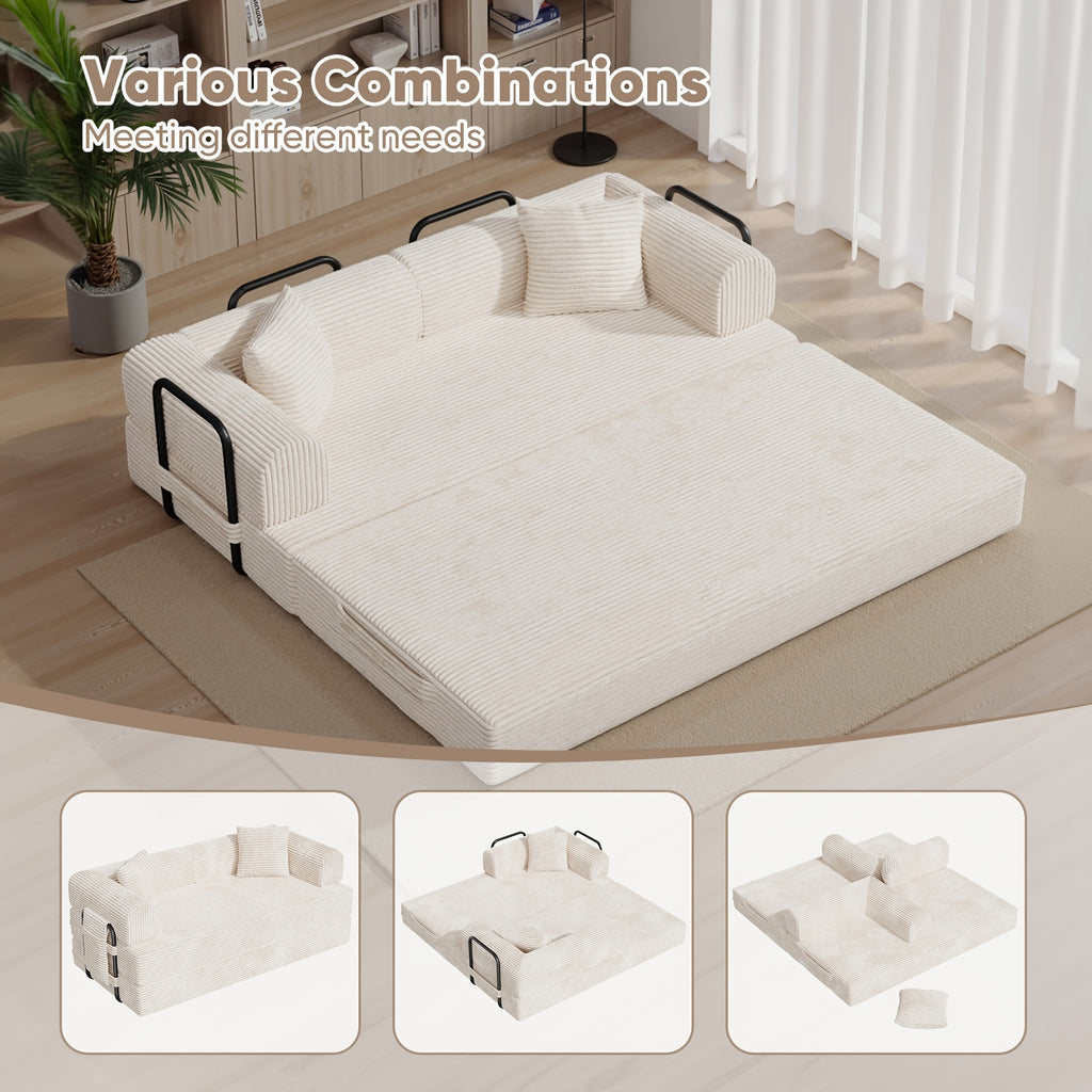 81"Convertible Floor Sleeper Sofa Bed - 3-Person Space-Saving Love Seat with Pull-Out Bed, Corduroy Boneless Compression Memory Foam, Comfy Lounge Couch for Living Room, Bedroom, Apartment, Office, No Assembly Required