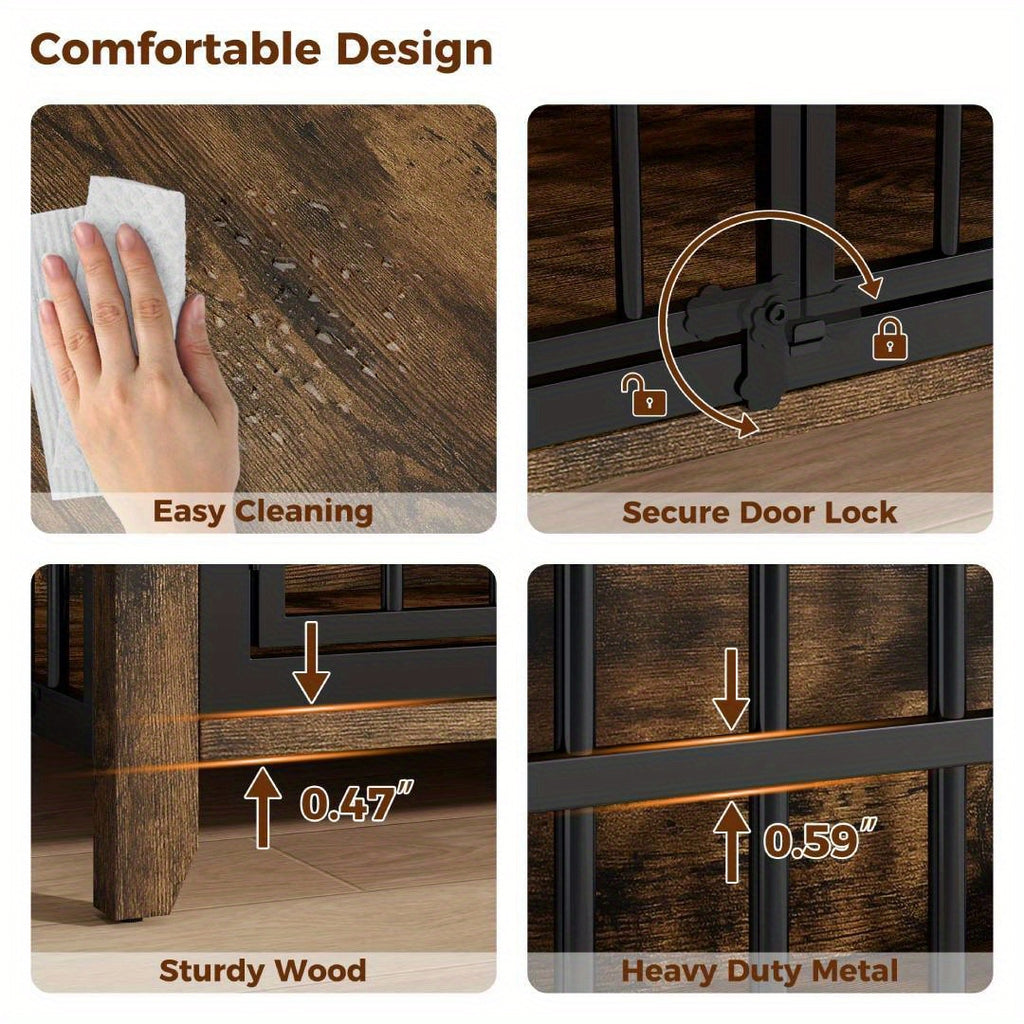 75/36/30in Furniture-Style Dog Crate with 360° Rotating Bowls, Adjustable Height, Safe Lock, Easy to Clean, Available In Gray/Brown, M, L, XL Sizes for One Or Two Dogs, Ideal for Home, Living Room Or Bedroom