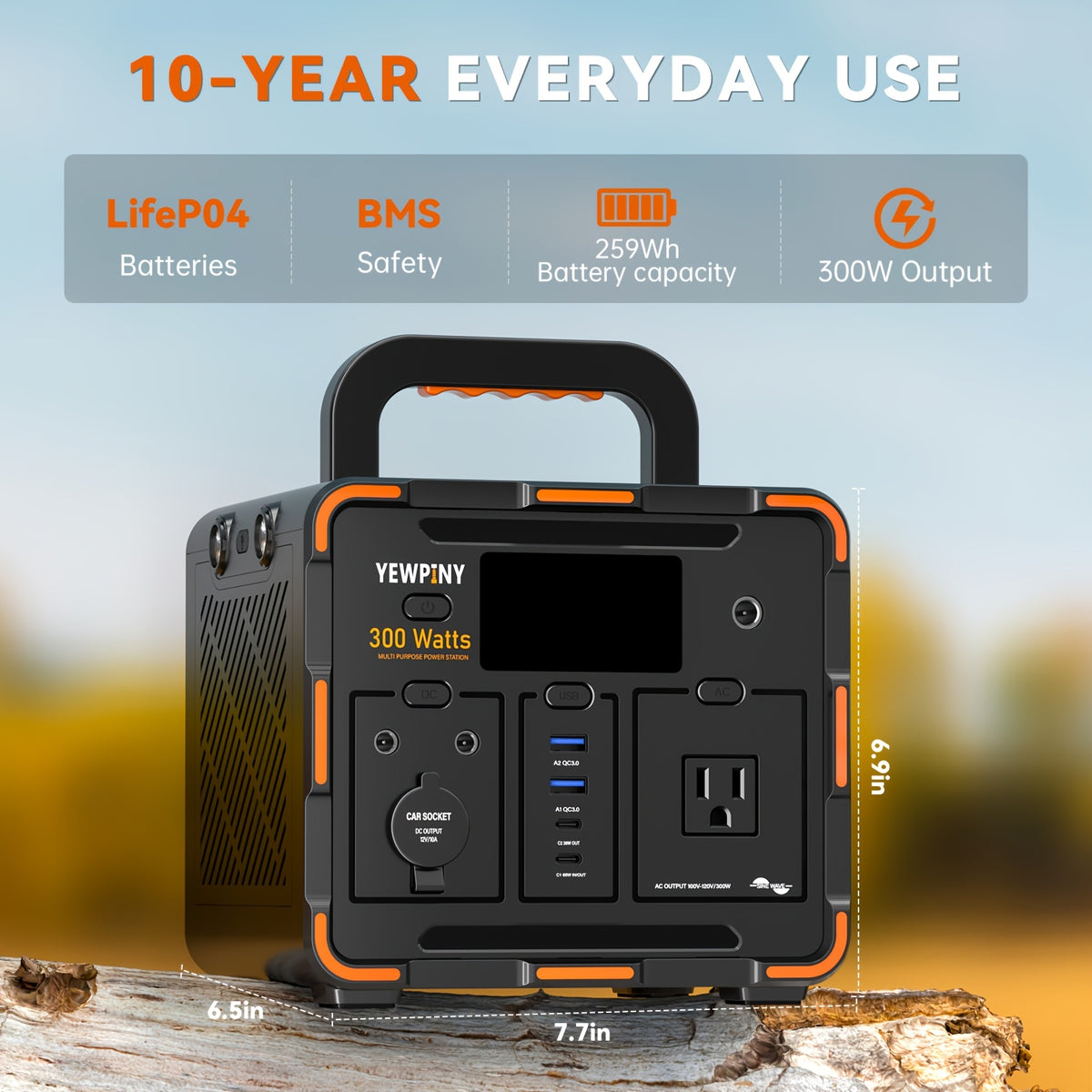 Portable Power Station YEWPINY 300W, 259Wh Battery Backup with Fast and Solar Charging for Outdoor Use
