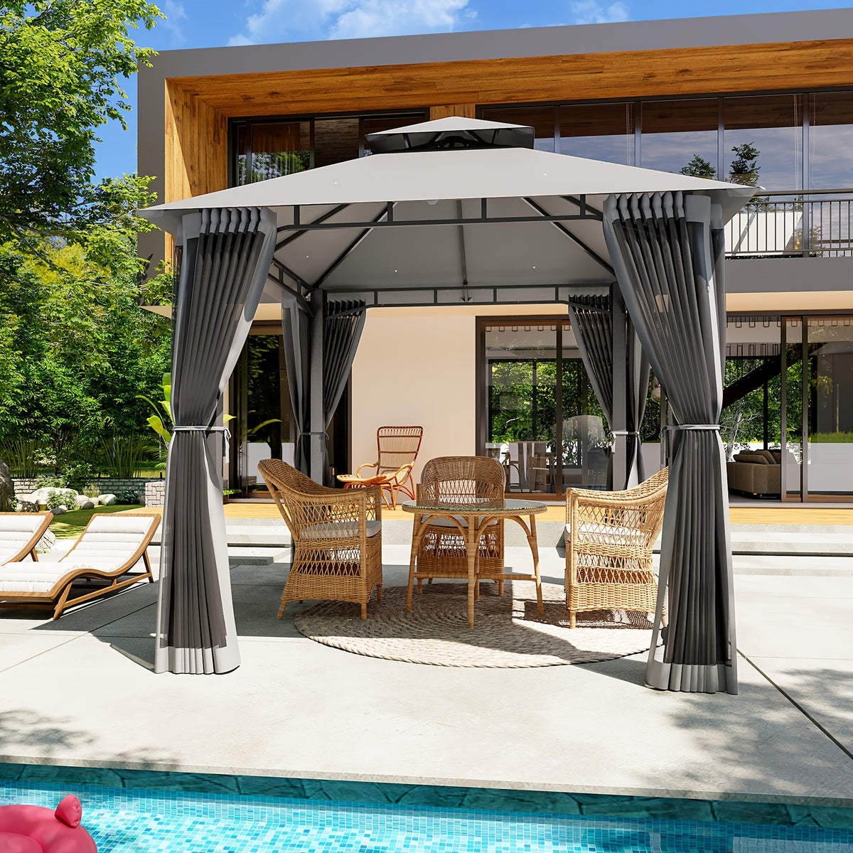 8'x8'Heavy-Duty Aluminium Alloy Outdoor Gazebo With Double Roof Canopy - All-Weather Pergola Mosquito Netting, Suitable For Terraces, Backyards, Or Gardens (grey)