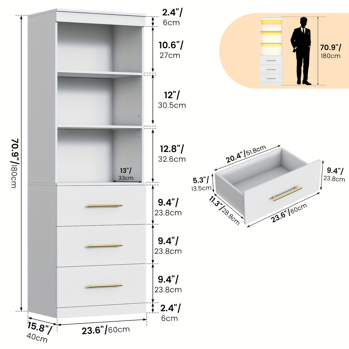 Tall Bookshelf for Home Office or Living Room, 71-Inch Design with Three Drawers for Display and Hidden Storage