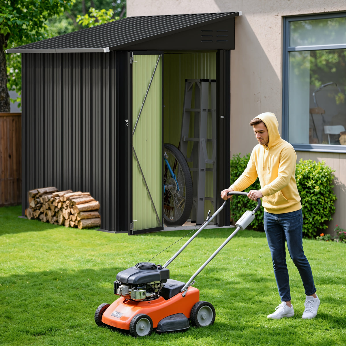 GUNJI 8 X 4.2ft & 6 X 4ft Metal Shed Outdoor Carport Shed with Single Lockable Door, Easily Accessing Metal Storage Cabinet with Slopping Roof for Tools Bicycles Storage for Garden, Backyard