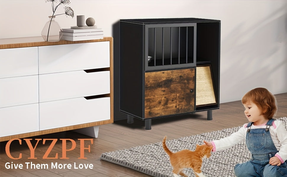 Dog-Proof Wood Cat Feeding Station with Lockable Storage And 2 Removable Stainless Steel Bowls - Anti-Spill Cat Condo with Scratching Board for Indoor Multi-Pet Homes