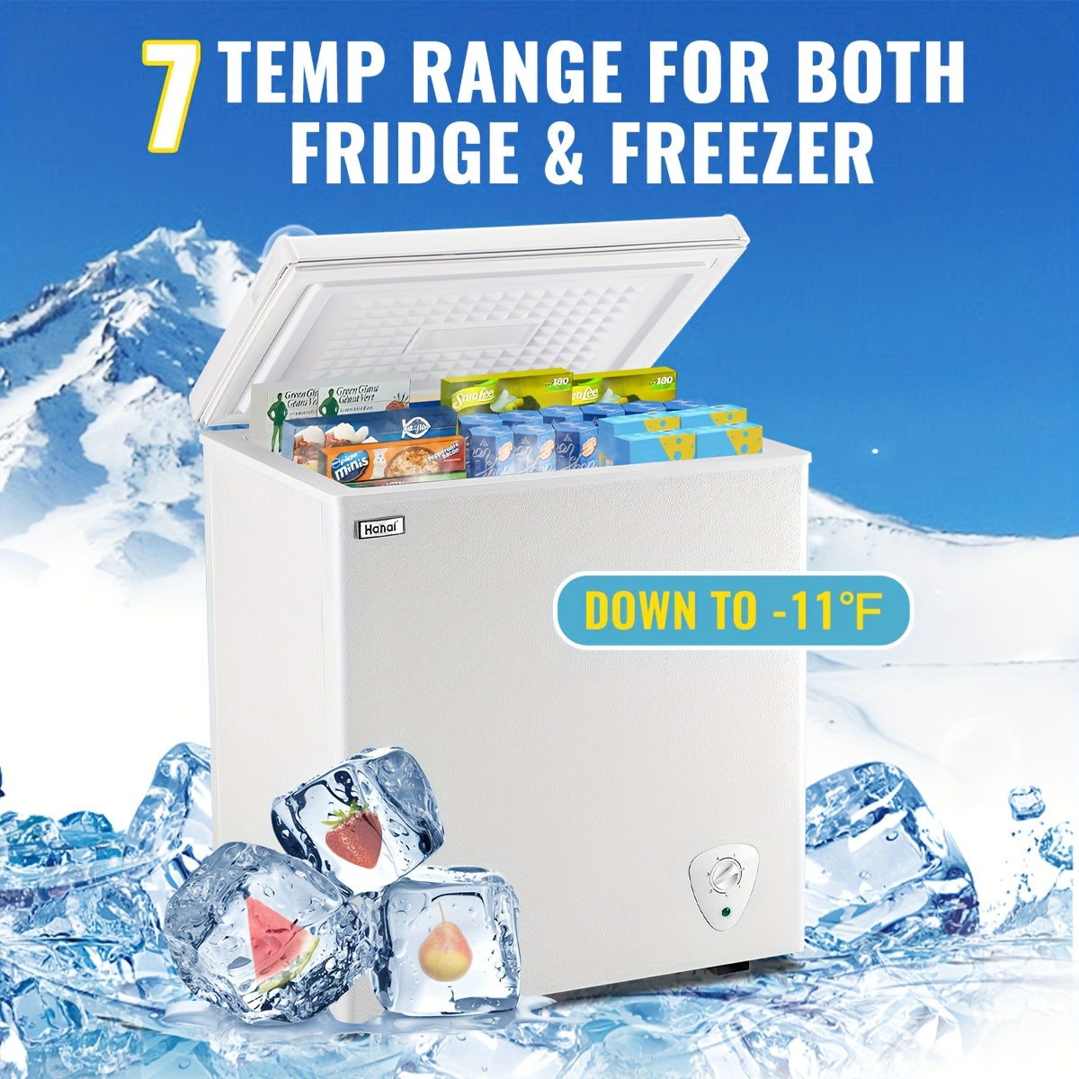 4.2 CU.FT. Compact Chest Freezer with 7 Adjustable Thermostat, Top Open Door Deep Freezer Compressor Cooling with Removable Storage Basket, Perfect for Home Office Dorm Or Apartment