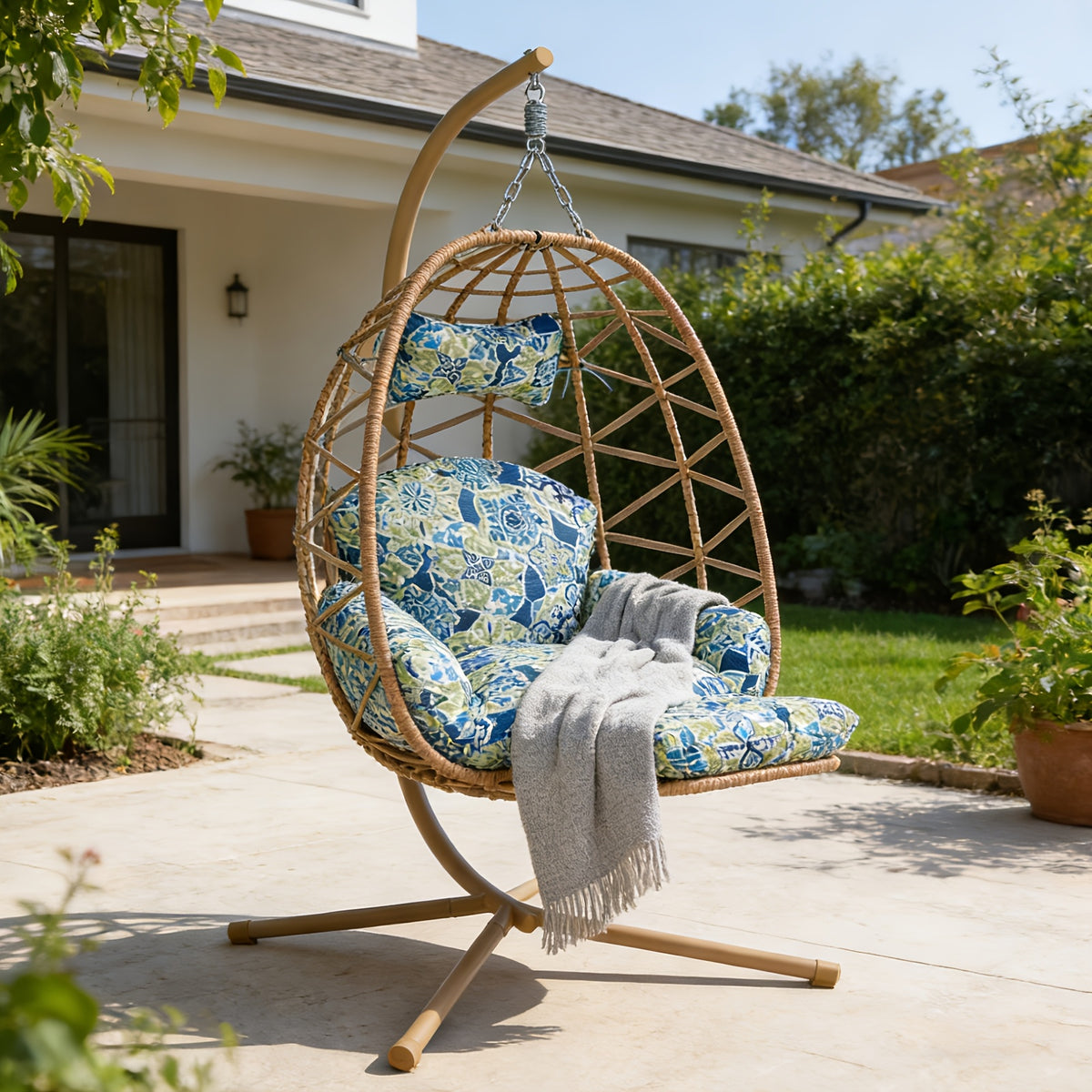 Hanging Egg Chair with Stand & Leg Rest, 350lb Rattan Wicker Swing Chair with Cushion, Patio Basket Hanging Chair Wicker Hammock Chair for Outdoor Garden Backyard Balcony, All-Weather Resilient