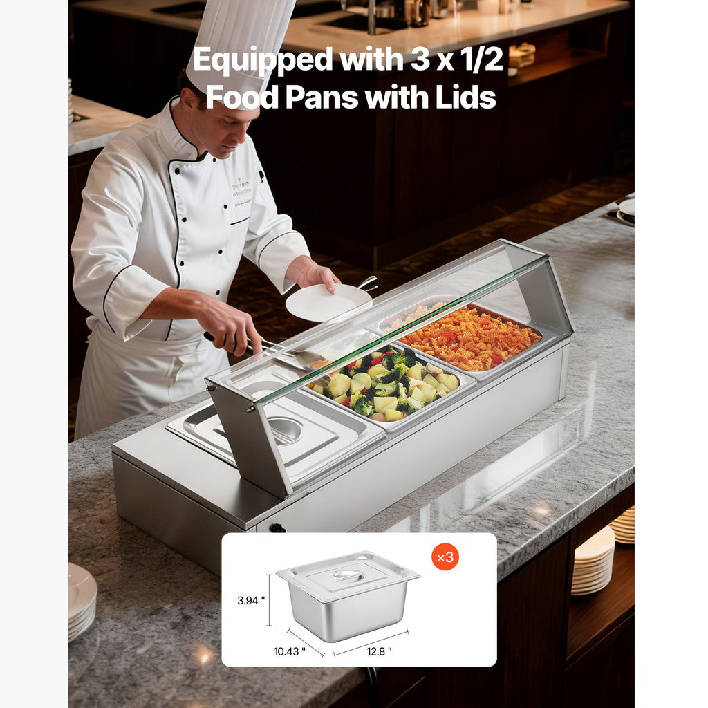 VEVOR Commercial Food Warmer, 1500W Electric Stainless Steel Steam Food Warmer with Glass Cover, Countertop Buffet Bain Marie with Three 1/2 Size / Five 1/2 Size Food Pans, for Catering, Restaurant, Party & Buffets