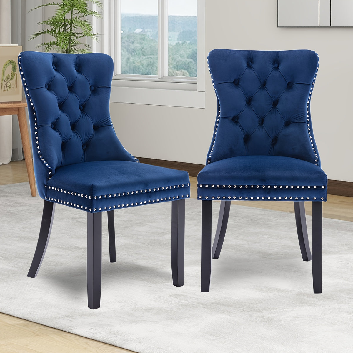 Velvet Upholstered Dining Chairs Set Of 2, Wingback Dining Room Chairs with Ring Pull Trim And Button Back, Luxury Tufted Dining Chair for Living Room, Bedroom, Kitchen