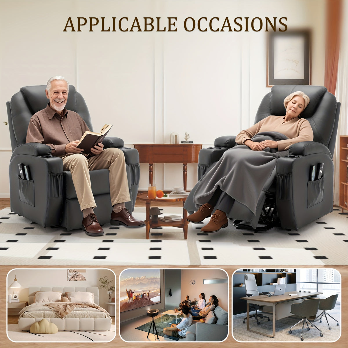 Living Room Massage Chair, Recliner With Heating Function, Adult Electric Lift Chair, Storage Side Pockets And Cup Holders, Medium-sized Leisure Chair, Comfortable PU Leather Material, Orange And Blue Are Technical Fabric