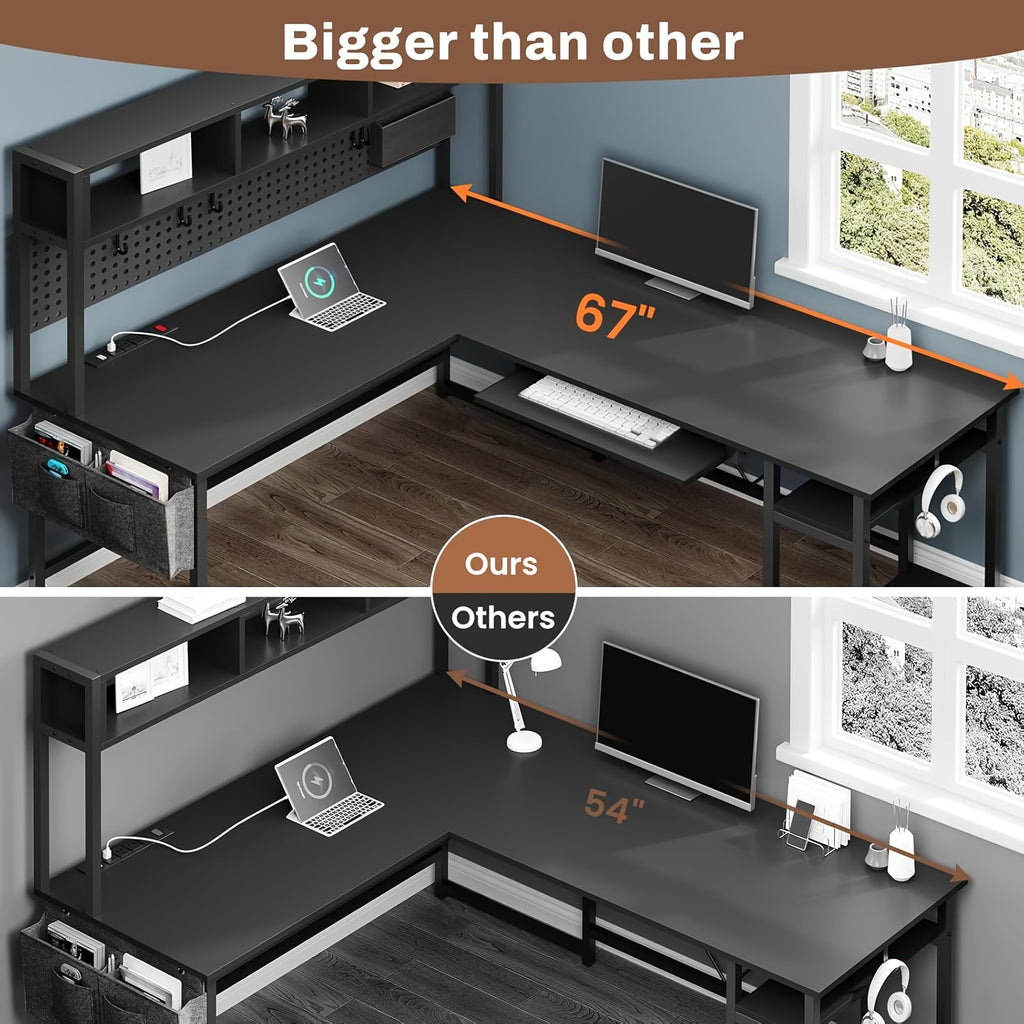 L-Shaped Gaming Desk, Reversible from a 67-Inch Corner Setup to a 94.5-Inch Two-Person Workstation