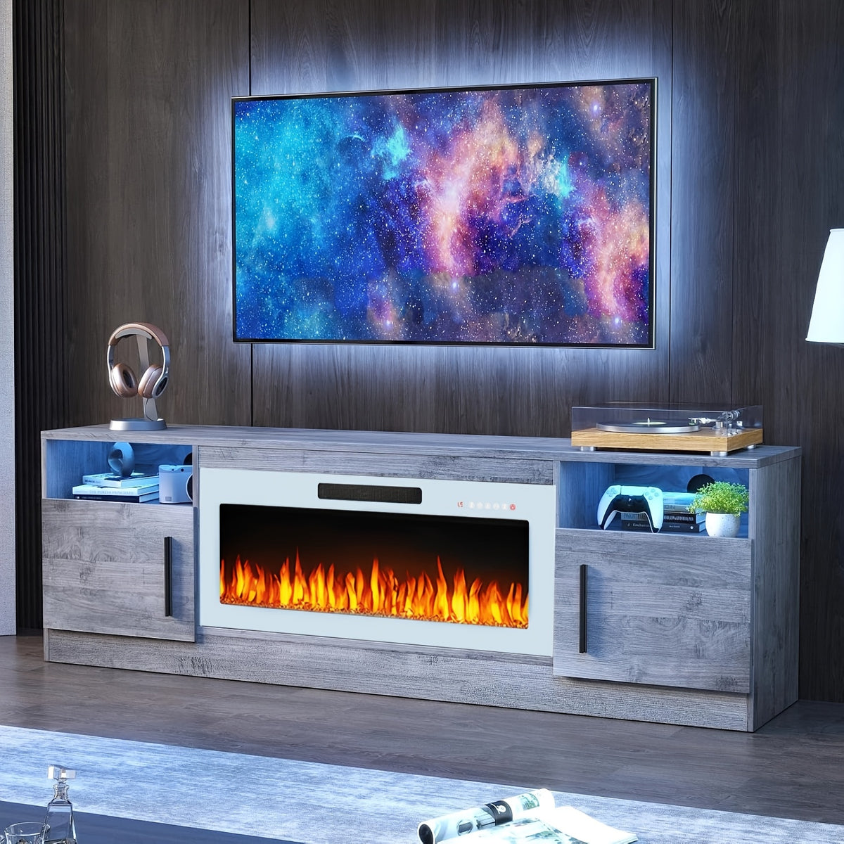 Fireplace TV Stand with 36" Fireplace Up to 80" TVs, 70" Modern Wood High Gloss with Highlight Storage Cabinet, LED Light Entertainment Center with Storage Cabinets for Living Room