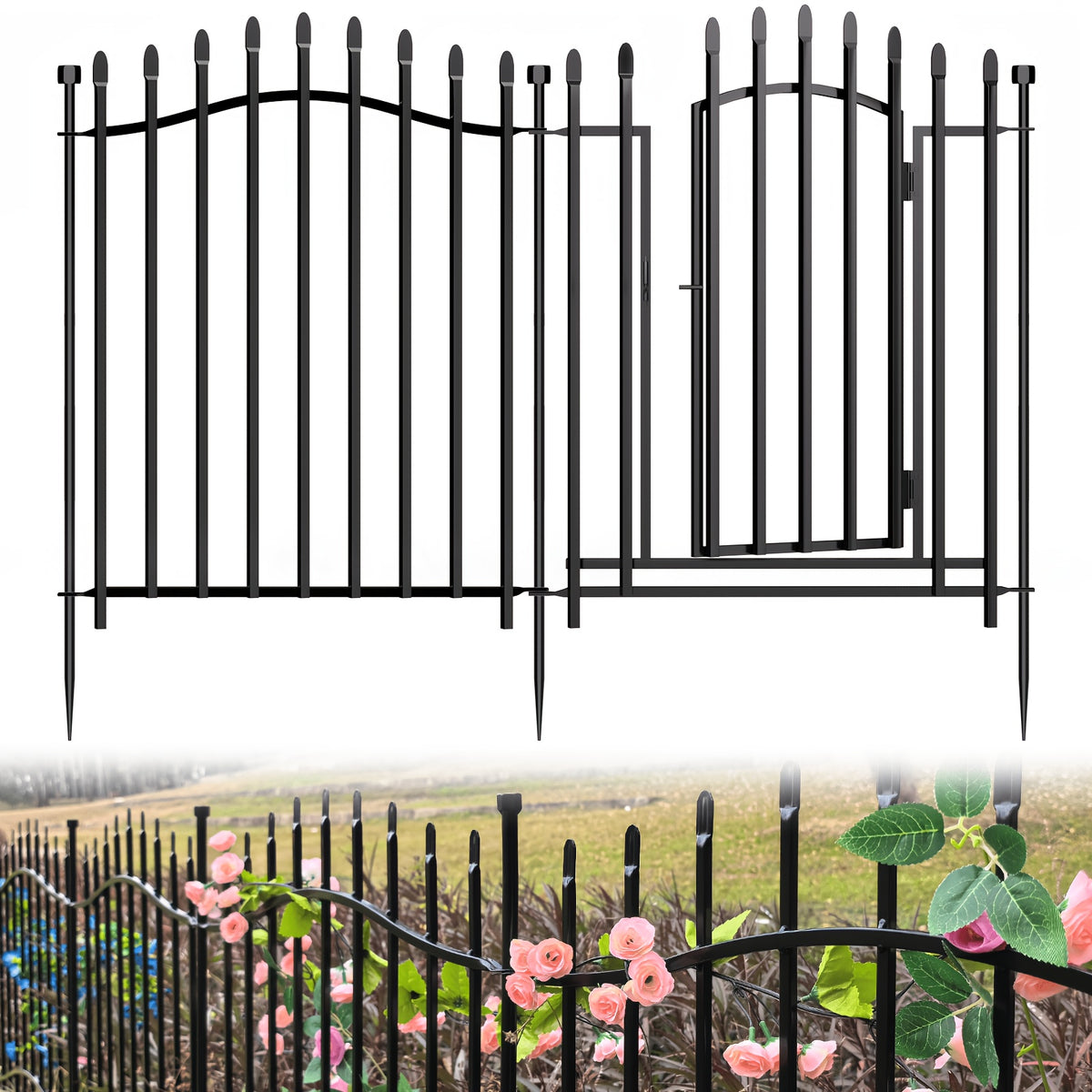 [3D] 8/10 Panels No Dig Decorative Garden Fence with Gate - 32/40in H, Tall Heavy-Duty Square Tube Animal Barrier, Rustproof Dog Fence for Outdoor Yard & Patio Protection