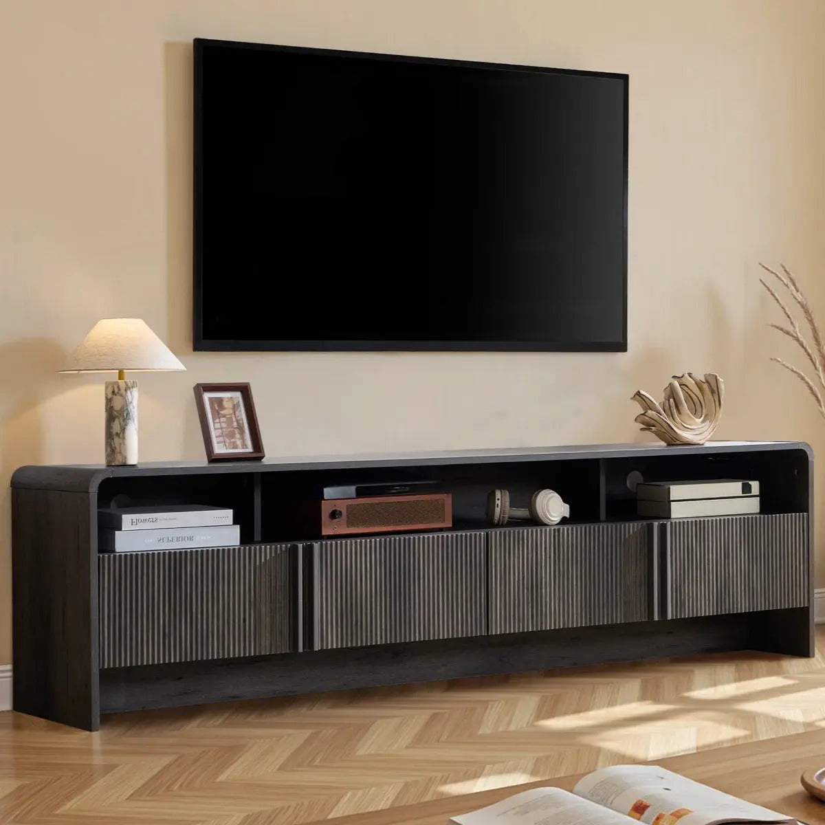 70 inch Fluted TV Console | Modern Wood Entertainment Media Console for TVs up to 80", with Storage Cabinets, by LUXOAK