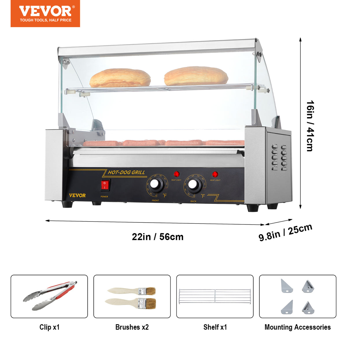 VEVOR Hot Dog Roller 5 Rollers 12 Hot Dogs /7 Rollers 18 Hot Dogs Capacity, Stainless Sausage Grill Cooker Machine with Dual Temp Control Glass Hood Acrylic Cover Bun Warmer Shelf Removable Oil Drip Tray