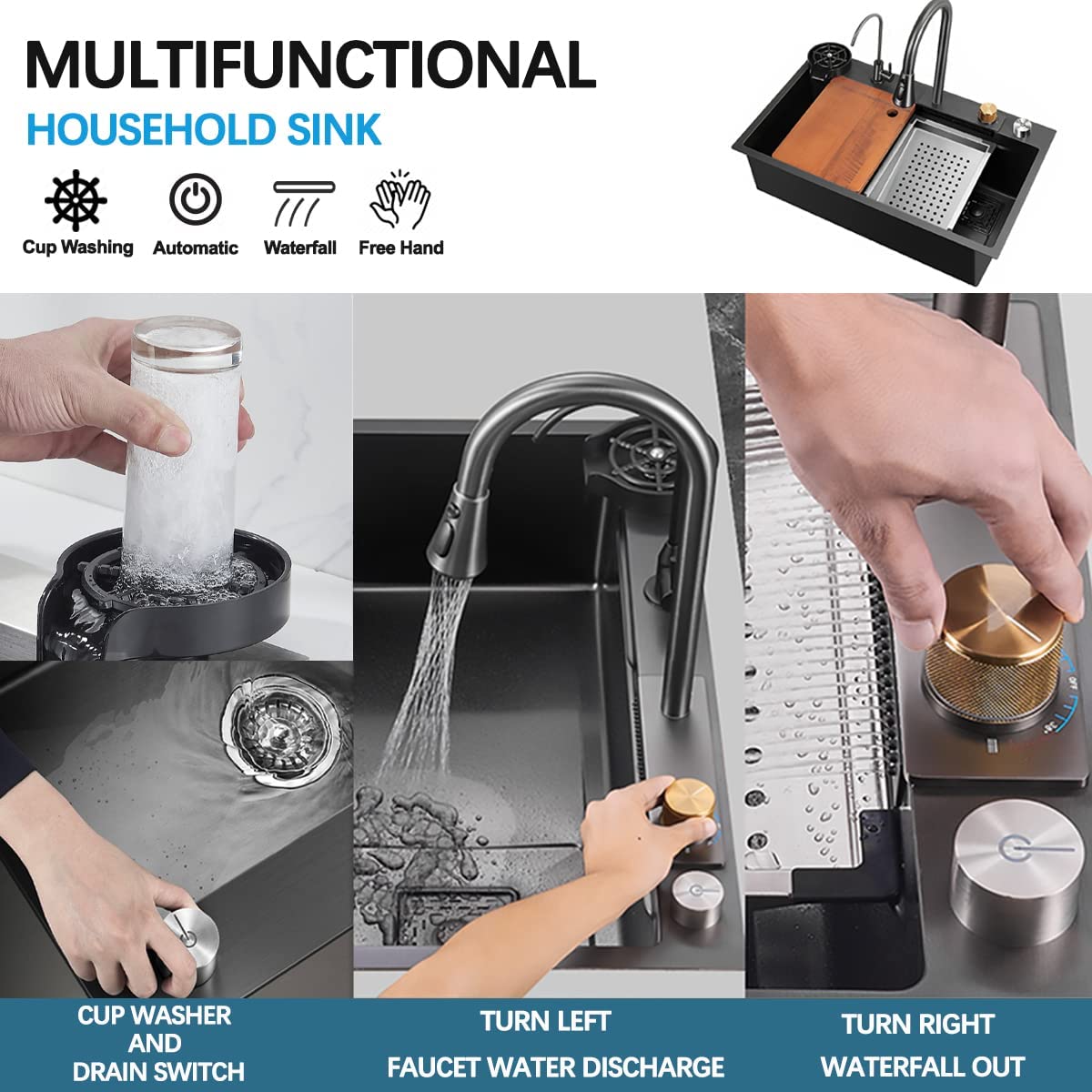 33x22 INCH Nano Black Flying Rain Drop In Stainless Steel Watefall Kitchen Sink Single Bowl with Pull Down Faucet Set Accessories Included