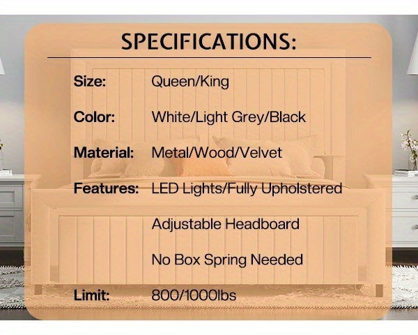 Queen/King Upholstered Platform Bed with LED Lights - 4 Storage Drawers& Adjustable Channeled Headboard, No Box Spring