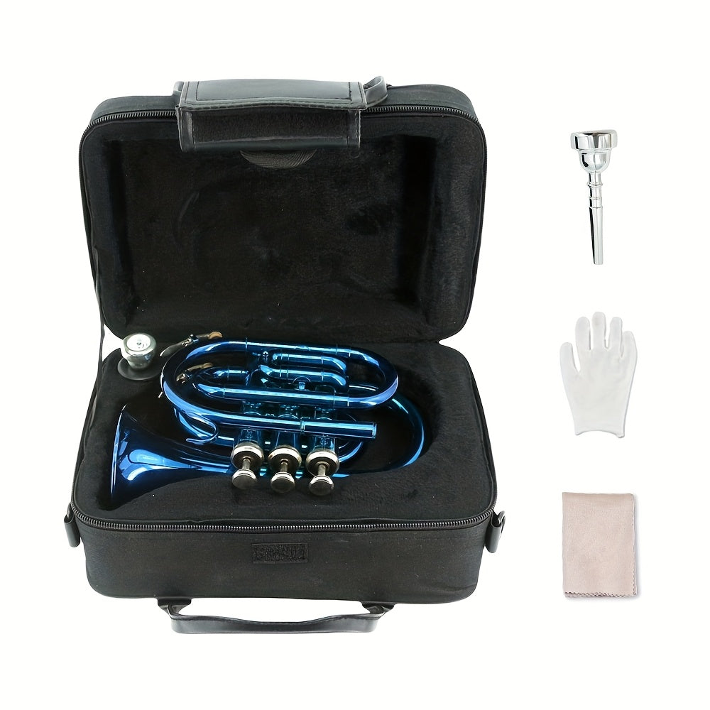 WUQIMUSC Bb Pocket Trumpet Nickel Plated, Brass Beginner Trumpet with 7C Mouthpiece, Case, Cleaning Kit & Gloves Musical Instruments Gift