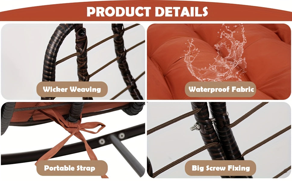 Papasan Rocking Chair Outdoor, All Weather Wicker Papasan Patio Chair with Cushion And Pillow, Heavy Duty Metal Oversized Papasan Rocker Egg Chair for Garden, Patio
