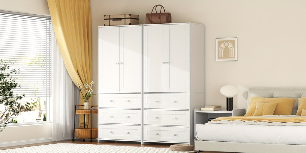 31.5" /47.3"/63" Wardrobe Armoire Closet with Mirror & Hanging Rod, Large Drawers & 2/3/4 Doors