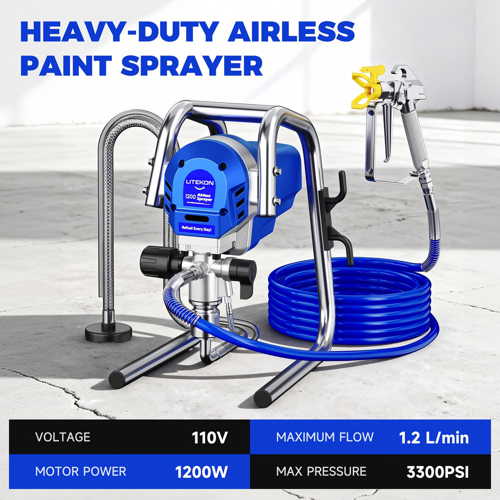 1200W Heavy-Duty Airless Paint Sprayer, Protable Paint Sprayer for House Painting, 3300PSI High Pressure & 40.58oz/Min Flow for Fast Painting, Up to 30% More Coverage with Less Overspray, for Walls, Furniture, Cabinets, Fence, Car Repair DIY