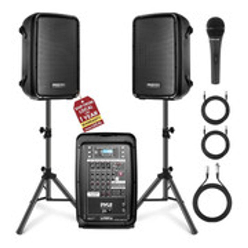Stage & Studio DJ Speaker & Mixer Bundle Kit - (2) 8’’ PA Loud-Speakers, 8-Ch. Audio Mixer, Speaker Stands, Wired Microphone (300 Watt)
