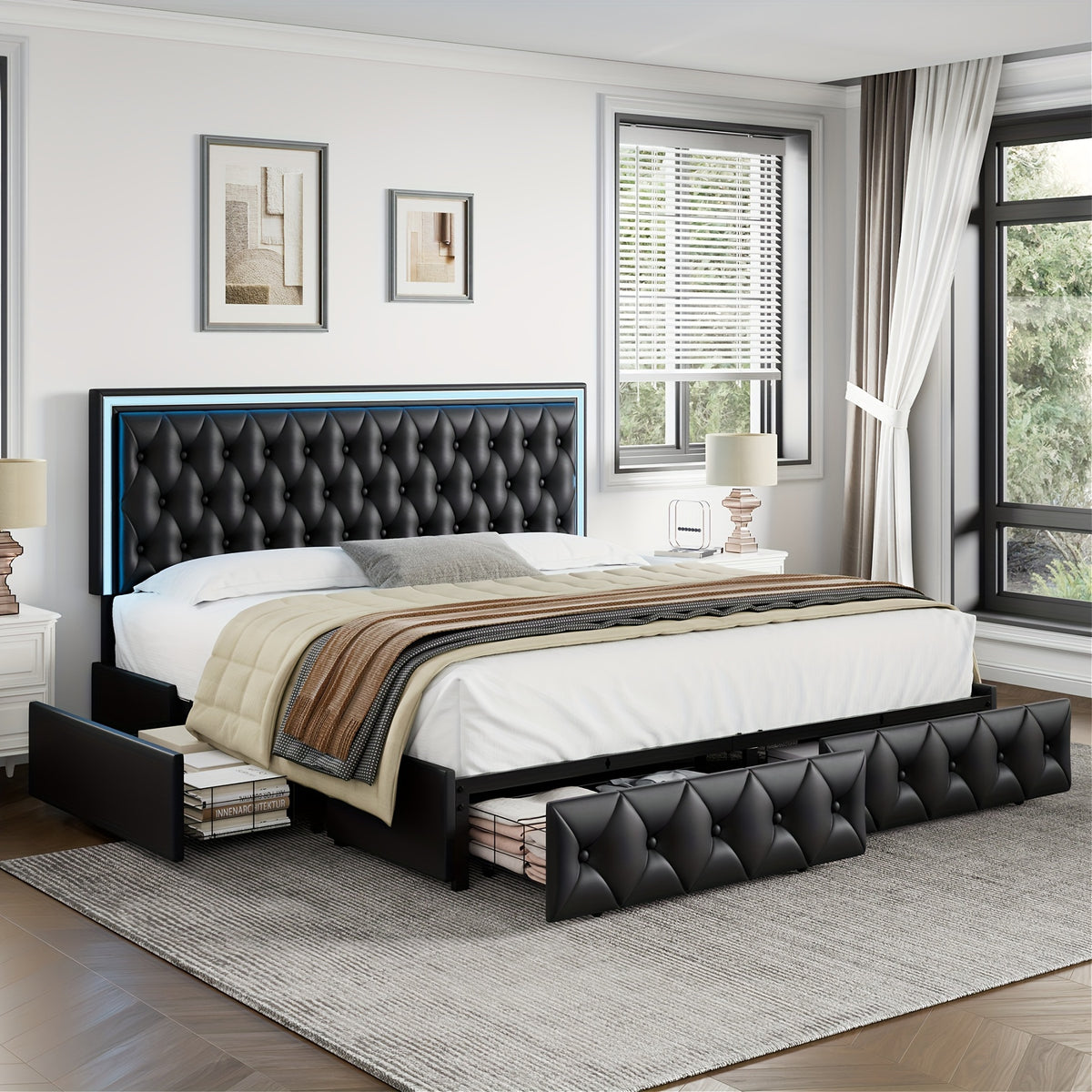 Full/Queen/King Size Modern Bed Frame with LED Headboard & 4 Storage Drawers - Upholstered Platform Bed, Button Tufted Headboard Suitable for Beige/White/Black - Assembly, No Box Spring Needed, Wood-Free