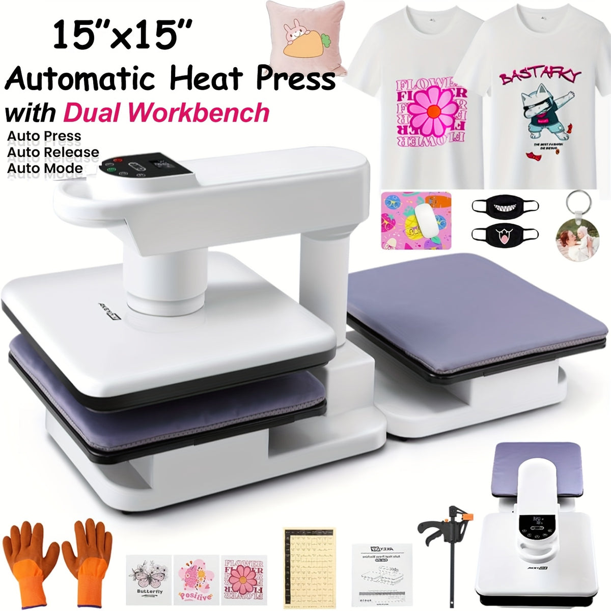 15x15 Inch Swivel Auto Heat Press Machine, 360° Swing Away Smart T-Shirt Printing W/Auto Press & Auto Release & Auto-Off, 7 Adjustable Pressures & 1.85" Higher Heating Height For HTV, Dual-tube Heatinbg, Sublimation, Heat Transfer Projects