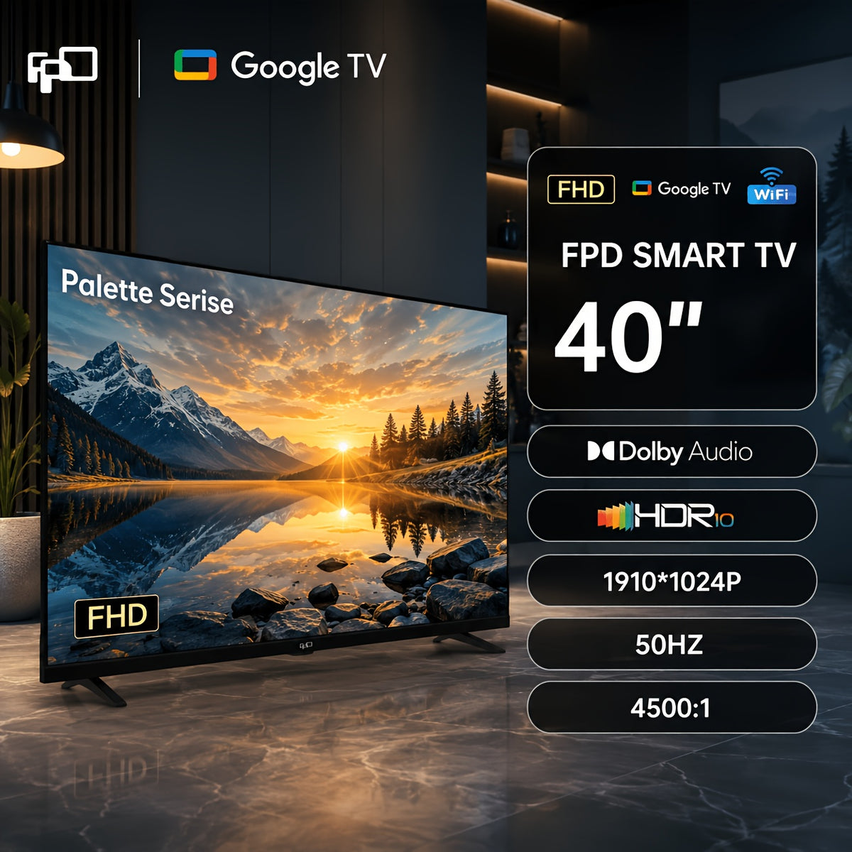 FPD 40-inch Smart TV, Google TV, Full HD, with Built-in Google Play and Chromecast, HDR 10, Audio, Voice Remote Control, Live Streaming TV, Palette Series, US40GFS, 2025 Model