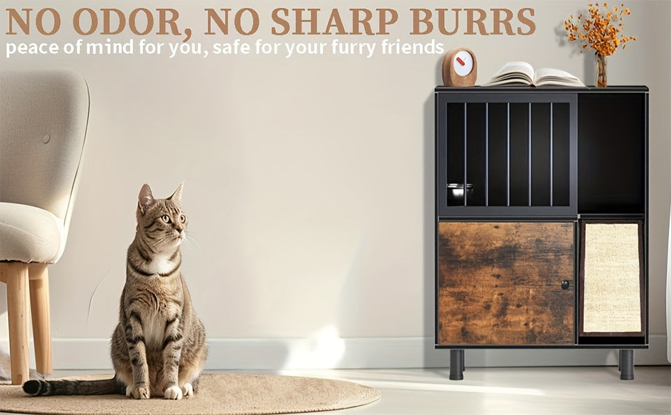 Dog-Proof Wood Cat Feeding Station with Lockable Storage And 2 Removable Stainless Steel Bowls - Anti-Spill Cat Condo with Scratching Board for Indoor Multi-Pet Homes