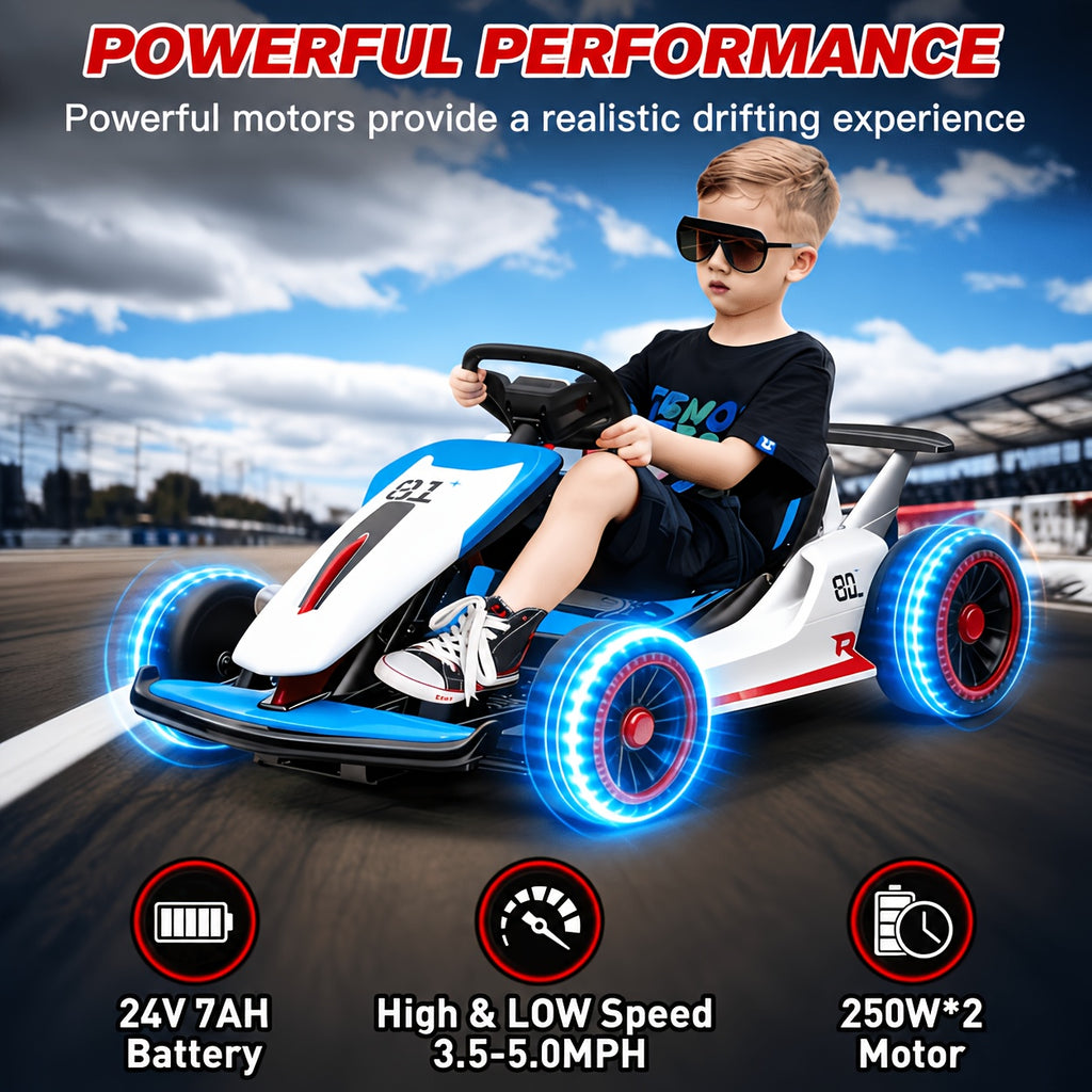 Kids Electric Ride-On Car with 4 PP Foam Tires, 110LBS Max Load, 5-Point Seat Belt, Music Mode & Dual Brake - Exciting Racing Experience for Ages 6+ (Red/Blue)